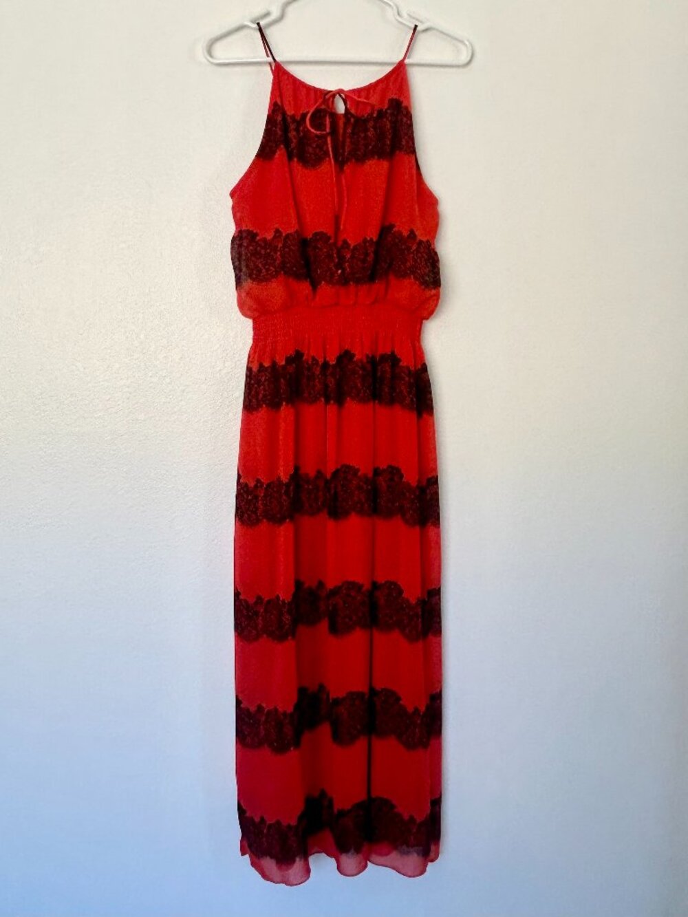 En Focus Studio Orange Black Lace Print Halter Keyhole Maxi Dress Size 10